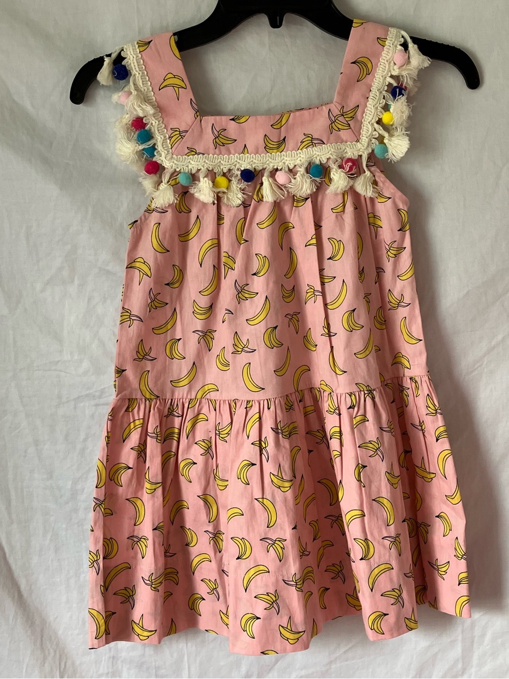 Peas and Queues Banana Print Dress with Pom Pom Trim - Size 7